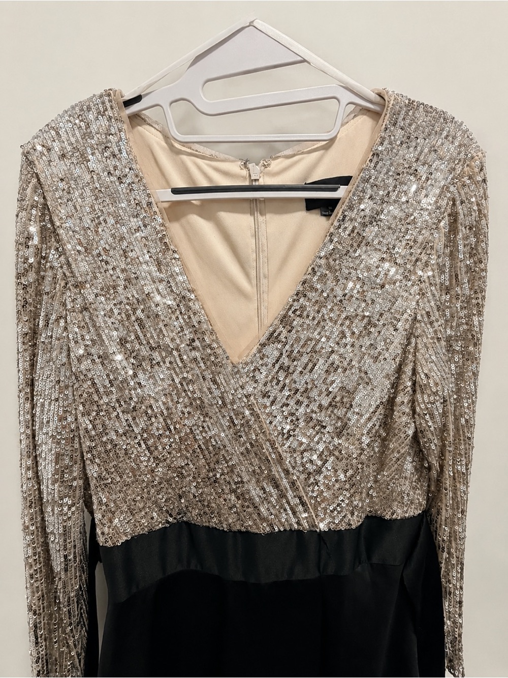 Sequin-Embellished V-Neck Maxi Dress in Champagne and Black